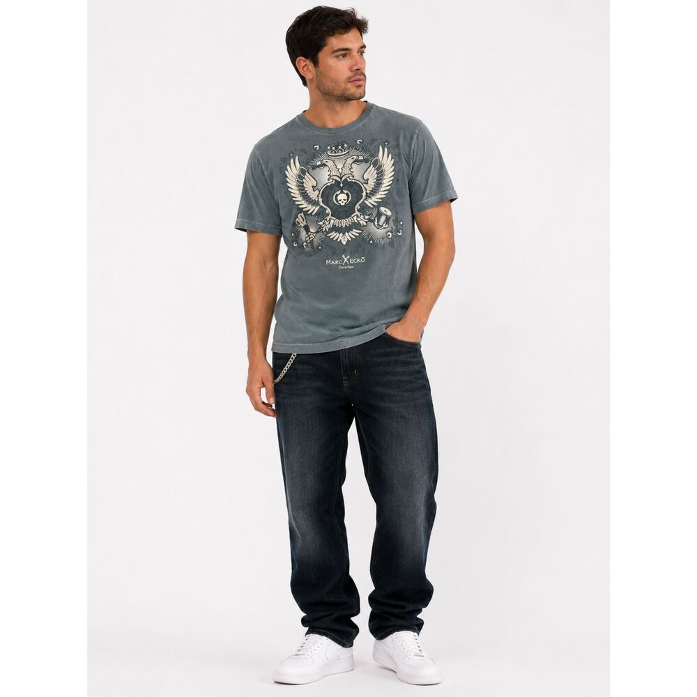 Marc Ecko Cut & Sew Graphic T Shirt Gray Eagle Crest Skull Y2K Streetwear Mens M